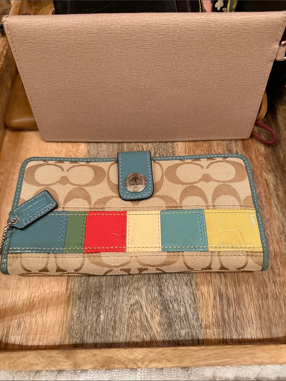 Coach Canvas Wallet with Multicolor Leather Patch Accents in Beige and Blue